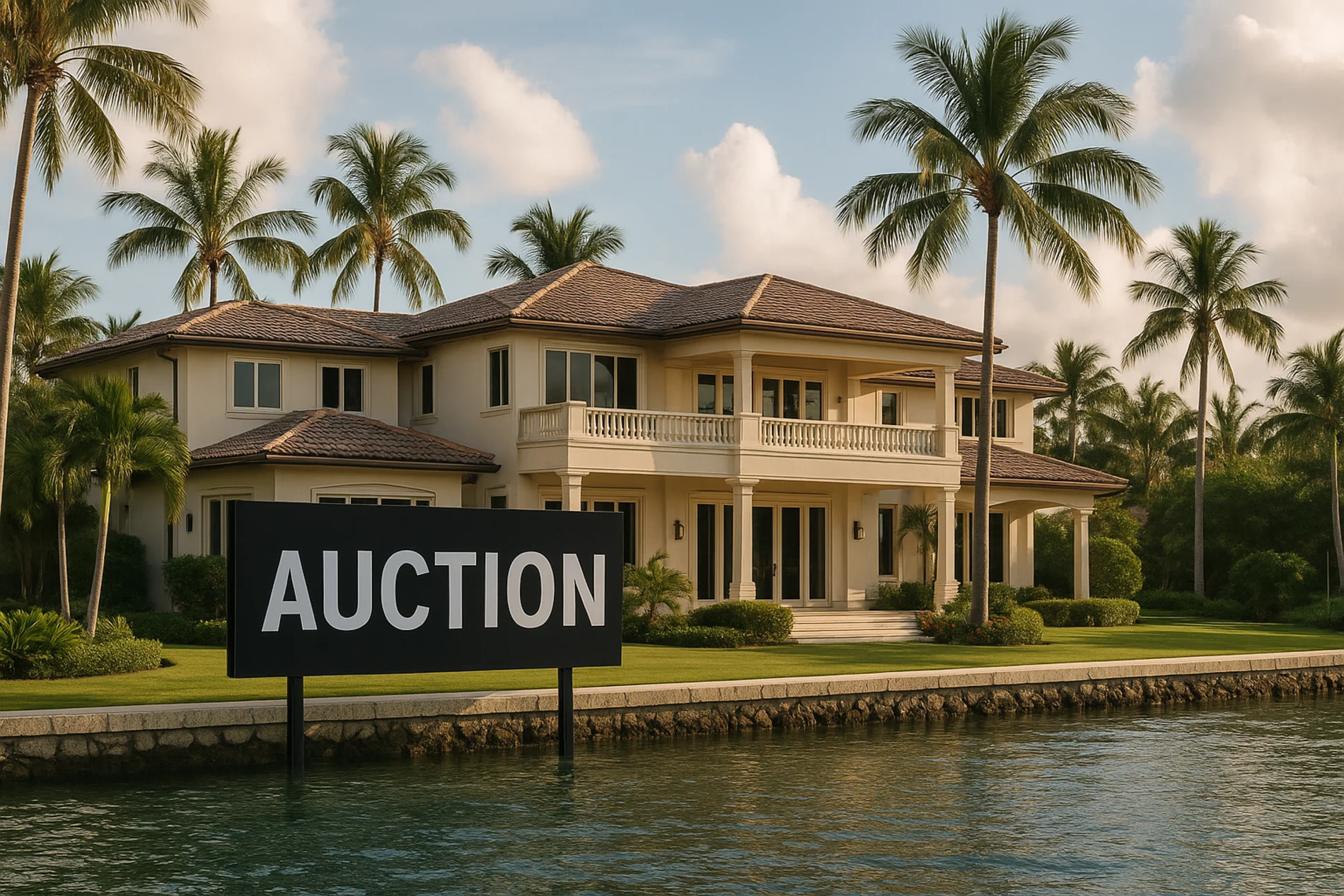 Waterfront luxury mansion in South Florida with an ‘Auction’ sign displayed along the shoreline